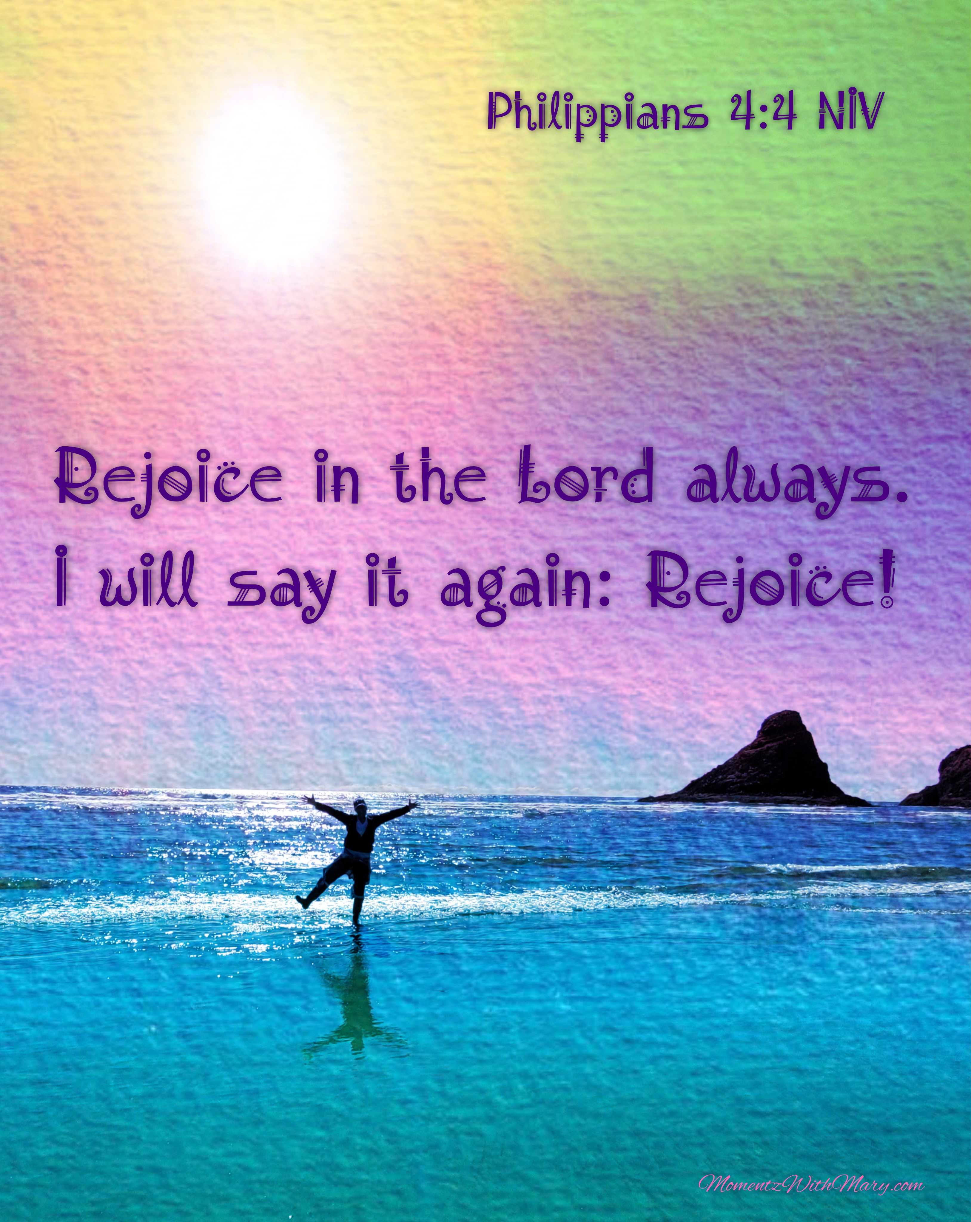 Philippians 4:4 New International Version Rejoice in the Lord always. I will say it again: Rejoice! woman jumping happily in the ocean with the sunshining