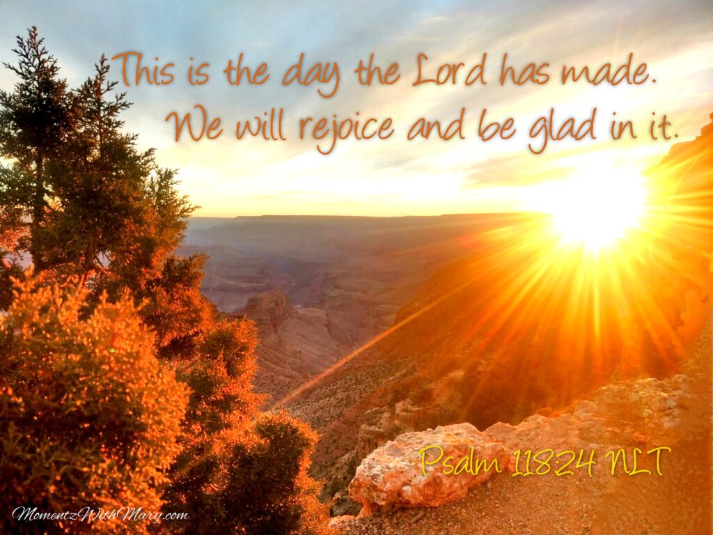 Psalm 118:24 NLT
This is the day the Lord has made.
    We will rejoice and be glad in it.
bright orange and yellow sunrise with sun beams rises of the rocky Grand Canyon