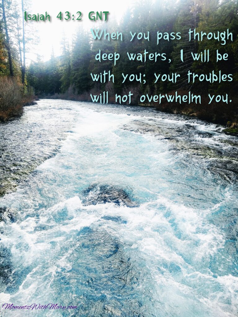 Isaiah 43:2
GNT
When you pass through deep waters, I will be with you;
    your troubles will not overwhelm you.
blue and white water rushes down a river with tall pine trees on the banks
